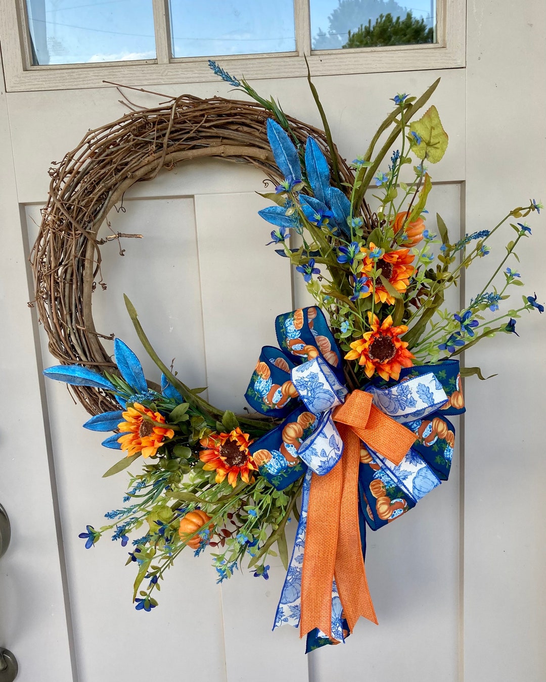 Blue Fall Wreath Blue and Orange Fall Wreath Blue Fall Etsy