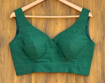 Dark Green Raw Silk Sleeveless Blouse, Wrap Neckline, Wedding Sari Blouse, Customize Neck