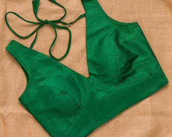 Bottle Green Art Silk Saree Blouse, Deep V-Neck, Sleeveless Choli, Customize Neckline