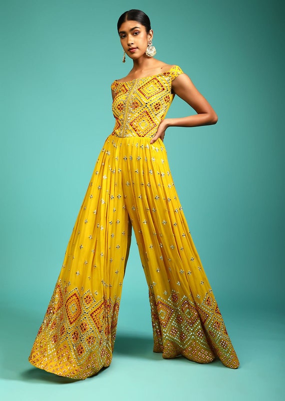 Yellow Georgette Jumpsuit With Thread Work Indian Wedding Etsy