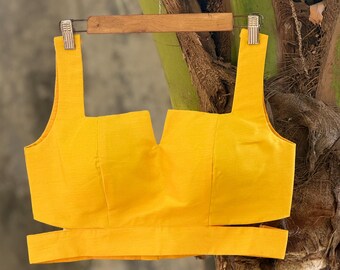 Yellow Silk Blouse, Square V-Neck with Side Cuts, Sleeveless Choli, Customize Neckline
