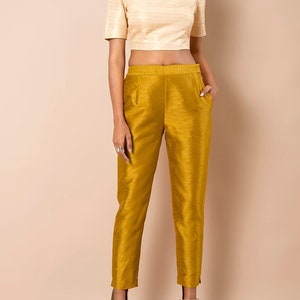 Pantalón ajustado de seda de color amarillo mostaza para mujer, pantalón de seda para blusas, pantalones de seda de primera calidad para mujer, pantalones de seda, pantalones y pantalones ajustados para oficina