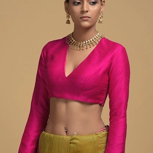 Shop Solid Pink Silk Designer Saree Blouse with Dori Ties, Deep ''U'' Back  and Short Sleeve Online in USA – Pure Elegance