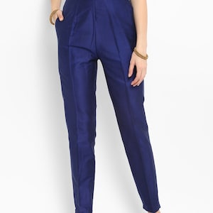 Blue Color Premium Silk made Pants, Handmade Silk Pants, Silk Pants for Women, Handmade Trousers, Slim Office Wear Pants and Trousers