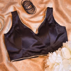 Custom Black Satin Silk Blouse, V Neck Lace, Sleeveless Choli