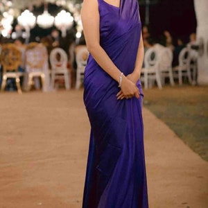 Blue Pure Satin Silk Solid Saree with Blouse, Wedding Sangeet Partywear Sarees, Made to Order Bridesmaid Sarees, Pre-stitched Style Sarees