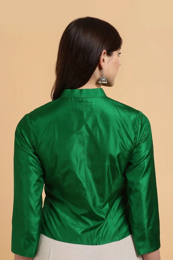 Blusa con cuello estilo chaqueta de seda premium verde, blusa de