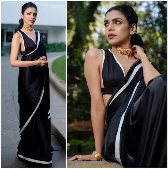 Black and white party wear saree deals