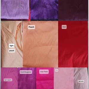 May include: A color chart of fabric swatches in various colors, including light blue, pale turquoise, powder blue, pistachio green, mint green, teal green, olive green, light purple, purple, burgundy wine, light peach, peach, red, light magenta, dark magenta, hot pink, pink, light pink, burgundy, maroon, orange, off-white, cream, light gold, beige, grey, and two shades of yellow.
