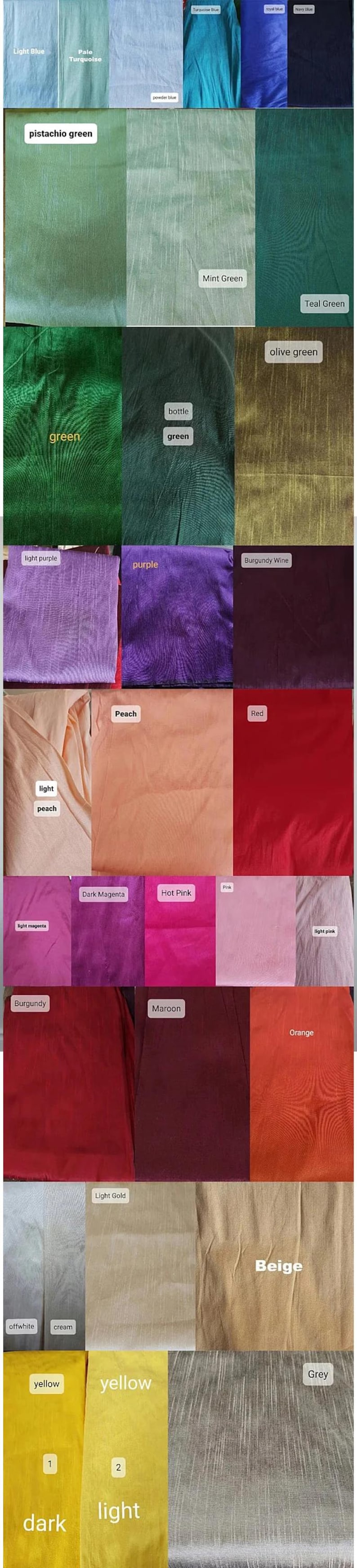 May include: A color chart of fabric swatches in various colors, including light blue, pale turquoise, powder blue, pistachio green, mint green, teal green, olive green, light purple, purple, burgundy wine, light peach, peach, red, light magenta, dark magenta, hot pink, pink, light pink, burgundy, maroon, orange, off-white, cream, light gold, beige, grey, and two shades of yellow.