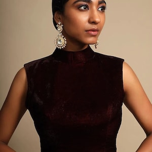 Burgundy Color Premium Velvet High Neck Blouse, Wedding Sangeet Mehendi Partywear Blouse Crop Top for Skirt Saree Blouse Choli for Lehenga