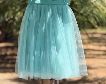 Blue Green Tulle Skirt, Ivory Knee Length Bridesmaid Dress