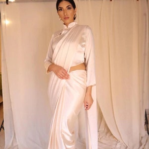 Beautiful Satin Silk Saree with Mandarin Collar Blouse, Wedding Partywear Saree, Made to Order Bridesmaid Sarees, Pre-stitched Style Saree