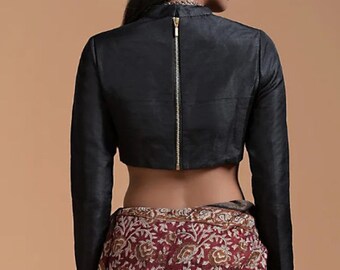 Black Silk Made High Neck Long Sleeves Blouse, Made to Order