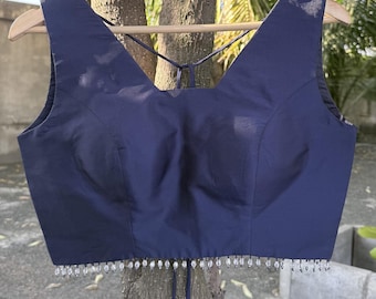 Navy Taffeta Silk Saree Blouse, Square Neck, Pearl Crystal Tassels, Customize Neckline