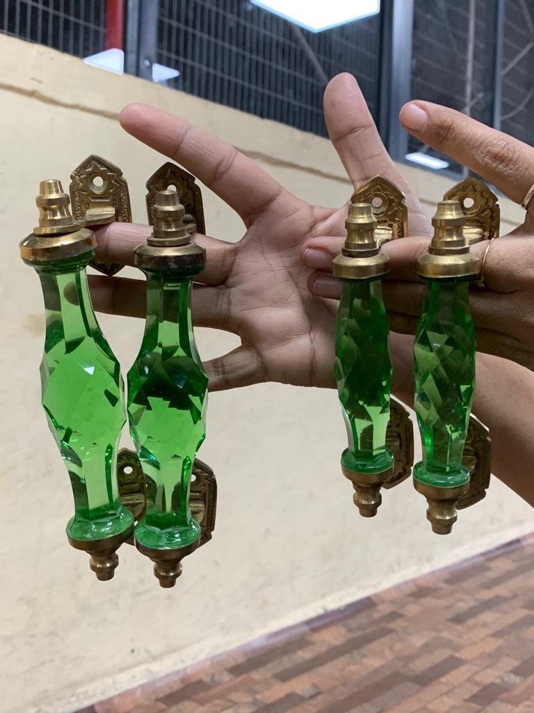 Vintage Green Glass Brass Door Handle Big & Small Crystal Cut Etsy