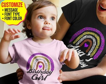 Custom Birthday Girl Shirt, Customized Bday Party Gift for Daughter, Surprise Personalized T-Shirt with Name, Cute Rainbow Animal Print Tee