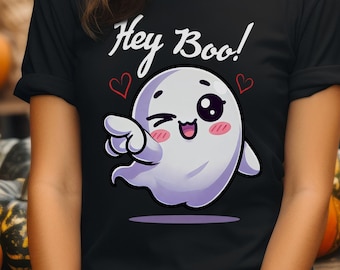 Hey Boo Halloween Valentine's Day Shirt, Cute & Funny Ghost T-Shirt, Unisex Gift for Her or Him, October Themed Clothing, Spooky Season Tee