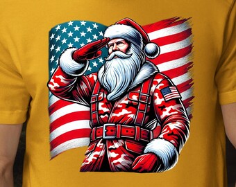 Saluting Santa Military Shirt, Custom Christmas Shirt for Veterans Day, USA Army Navy Marines Air Force, Xmas Gift, Free Personalization tee