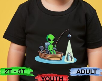 Funny Alien Fishing Shirt, Fisherman Gift TShirt, Area 51 Roswell Fish , Cute Toddler Tee, Outdoor Kid, Extraterrestrial UFO Abduction E.T.