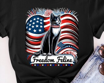 Freedom Feline Cat Shirt, USA 4th of July T-Shirt for cat lovers America Flag Kitty Owner tshirt Funny Independence Day Tee Patriotic Kitten