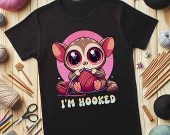 Cute "I'M HOOKED" Knitting Crocheting Tarsier Shirt | Best Tshirt for Animal and Craft Lovers | Crochet or Knit Birthday Gift Funny T-Shirt