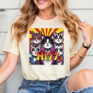 HISS Shirt - Funny band parody T-Shirt for cat lovers - Silly music tshirt, Rock and Roll Kitty, Hard Classic Rock Fun Tee spoof Satire