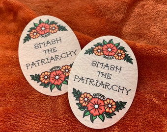 Smash The Patriarchy - Feminist Quote Car Sticker - Waterproof - Oval - Traditional Tattoo Style