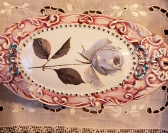 Vintage Handpainted Blue Rose Trinket Dish