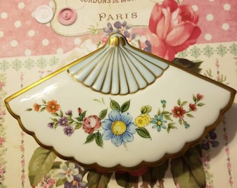 Something Blue! Vintage Porcelain Trinket Fan Dish with Handpainted Flowers