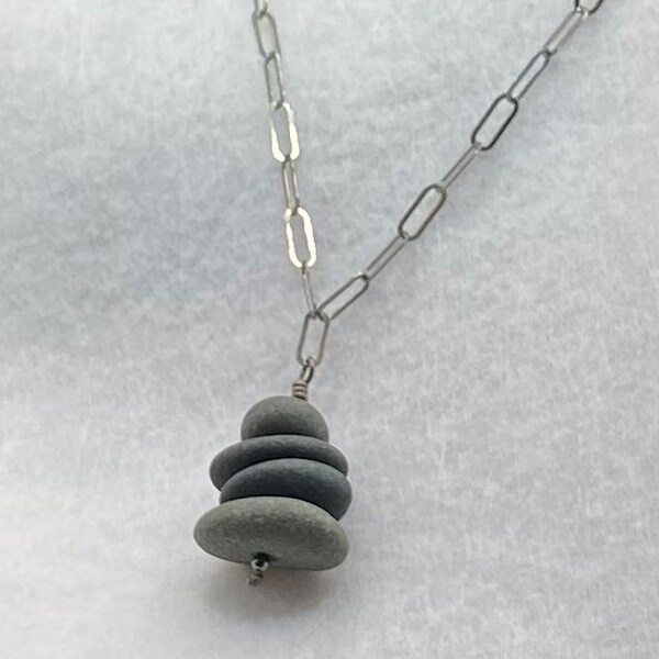 Lake Superior Basalt Rock Cairn Stacked Stones Necklace, Stay The Course Pendant, Beach Rocks, Sterling Silver Handmade in Michigan