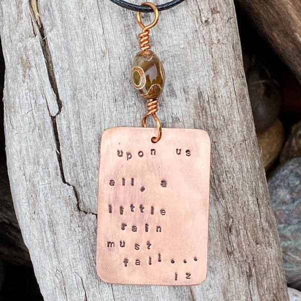 Copper Led Zeppelin “Upon Us All a Little Rain Must Fall” Stamped Pendant, Lyric Quote Necklace, Led Zeppelin Rock and Roll Jewelry