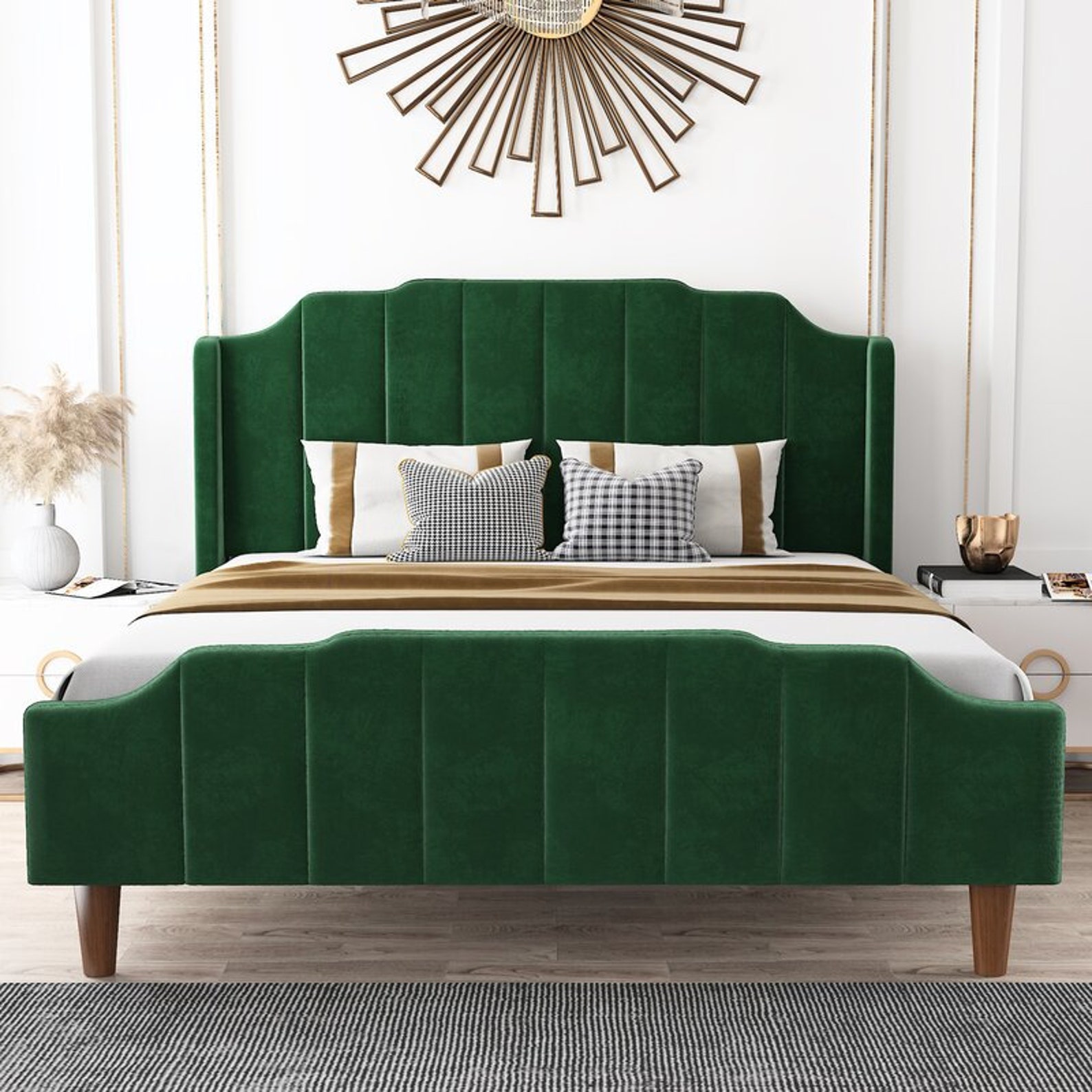 MidCentury Modern Queen Size Velvet and Wood Platform Bed Etsy