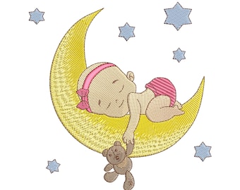 May include: A yellow crescent moon with a sleeping baby holding a brown teddy bear. The baby is wearing a pink headband and a pink diaper. There are blue stars scattered around the moon.