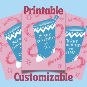 Cartolina di Natale personalizzabile stampabile per regali, download digitale natalizio colorato per le vacanze, biglietto di calza di Natale regalo personalizzato