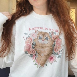 the original vintage grandma aesthetic cat crewneck sweatshirt, karma sweatshirt, aesthetic vintage vibes sweatshirt, pink girlie sweatshirt