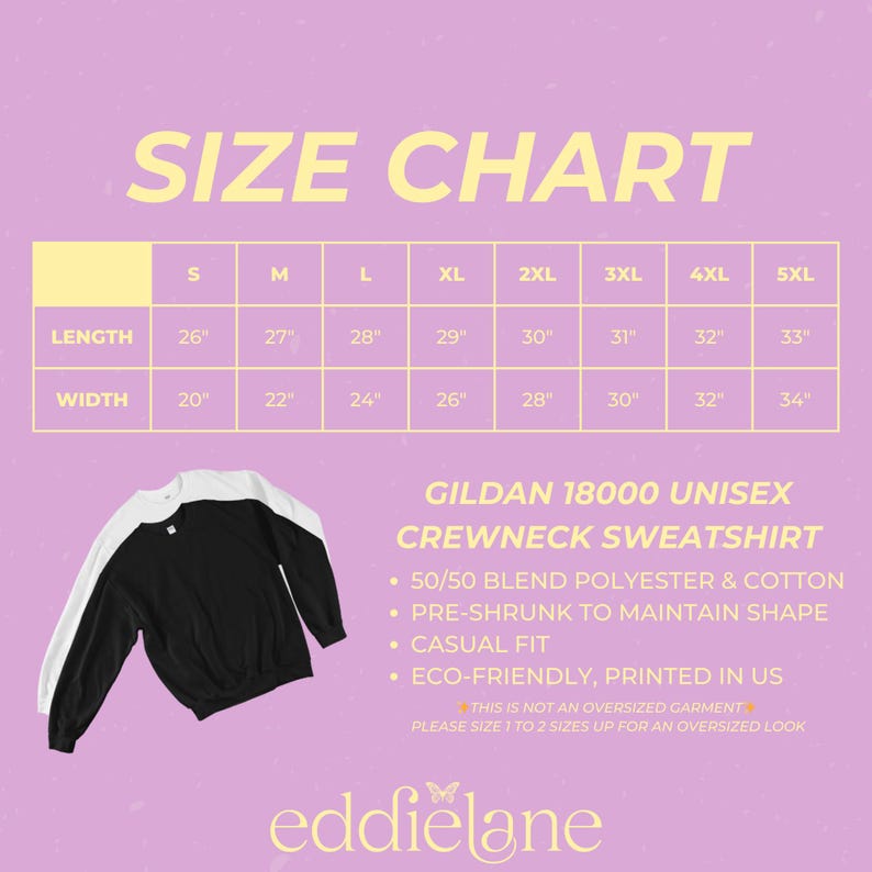 May include: A size chart for a Gildan 18000 unisex crewneck sweatshirt. The chart shows measurements for lengths from 26" to 33" and widths from 20" to 34". The sweatshirt is black with white sleeves. The text says it is a 50/50 blend of polyester and cotton.