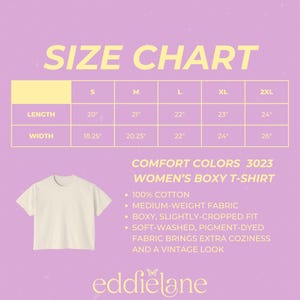 May include: A size chart for a Comfort Colors 3023 boxy t-shirt on a light purple background. The chart lists lengths from 20 to 24 inches and widths from 18.25 to 26 inches for sizes S to 2XL. It notes 100% cotton, medium-weight fabric, and a boxy fit.