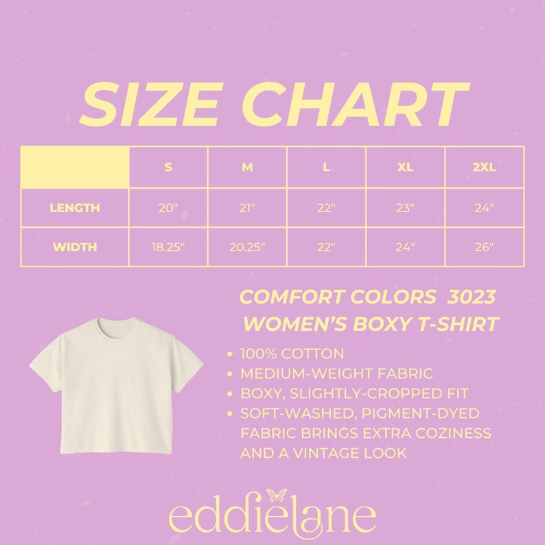 May include: A size chart for a Comfort Colors 3023 boxy t-shirt on a light purple background. The chart lists lengths from 20 to 24 inches and widths from 18.25 to 26 inches for sizes S to 2XL. It notes 100% cotton, medium-weight fabric, and a boxy fit.
