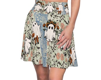 Women's Skater Skirt (AOP),Ghost,Cowboy,Flowers,Cute,Girly,Blue,Green,