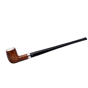 Könnte beinhalten: Eine braune und schwarze Holzpfeife mit einem weißen Mundstück und einem schwarzen Schaft.