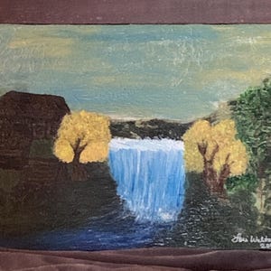 Abstract of a Cabin Near a Waterfall Painting
