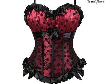 Women Corset with Straps, Red Dot Overbust Floral Corset, Jacquard Zipper Corset Top, Gothic Steampunk Corset, Lingerie Bustier For Ladies