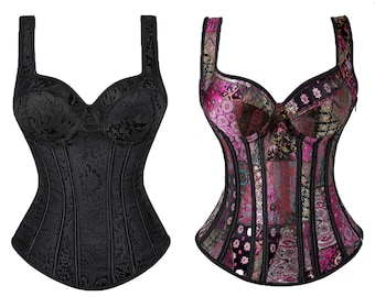 Frauen Korsett mit Riemen, schwarzes Overbust Blumenkorsett, Jacquard Zipper Korsett Top, Gothic Steampunk Korsett, Dessous Bustier für Damen