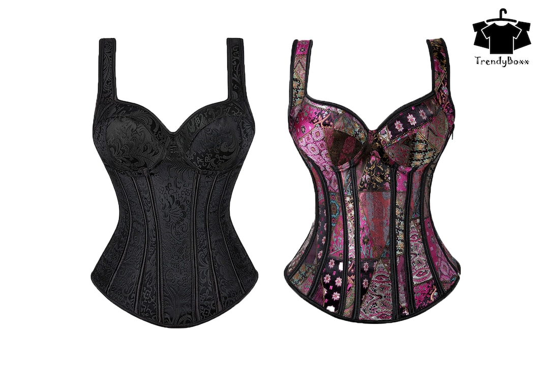 Women Corset With Straps, Black Overbust Floral Corset, Jacquard Zipper