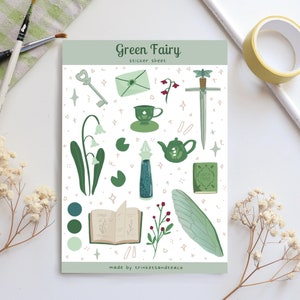 Green Fairy Sticker Sheet | Whimsical Stickers, Witchy Sticker Sheet, Fairy Stickers, Fantasy Stationary