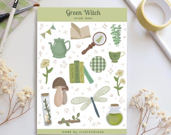Green Witch Sticker Sheet | Greenery Stickers, Witchy Stickers, Botany, Herb Stickers, Stationary, Journaling, Scrapbooking Stickers