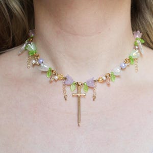 Pastel Sword Necklace | Fairycore Jewelry, Sword Necklace, Beaded Flowers, Beaded Jewelry