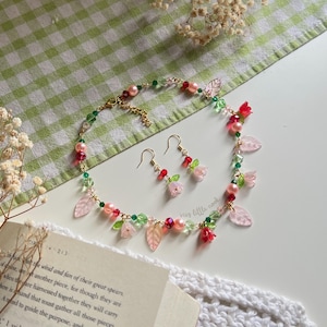 Red Fairy Necklace and Earrings | Charm Necklace, Fairycore Jewelry, Beaded Necklace, Cottagecore Jewelry