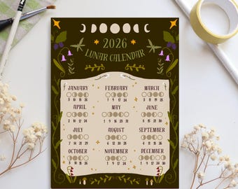 2026 Lunar Calendar | Witchy Calendar, Lunar Year, Whimsy Art Print, Moon Calendar, Art Print